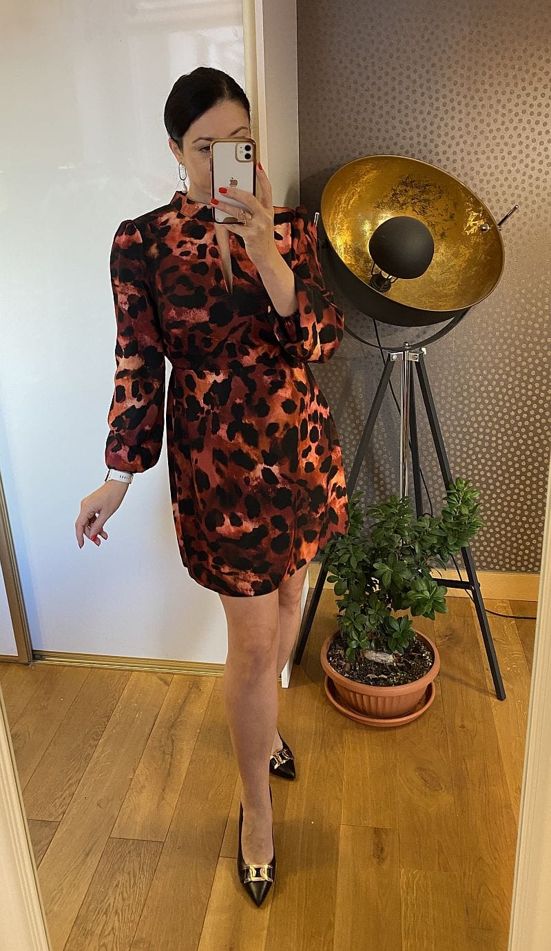 Sukienka pantera pomarańczowo bordowa wiązana na szyi - Szafa Gosi - internetowy outlet z odzieżą damską