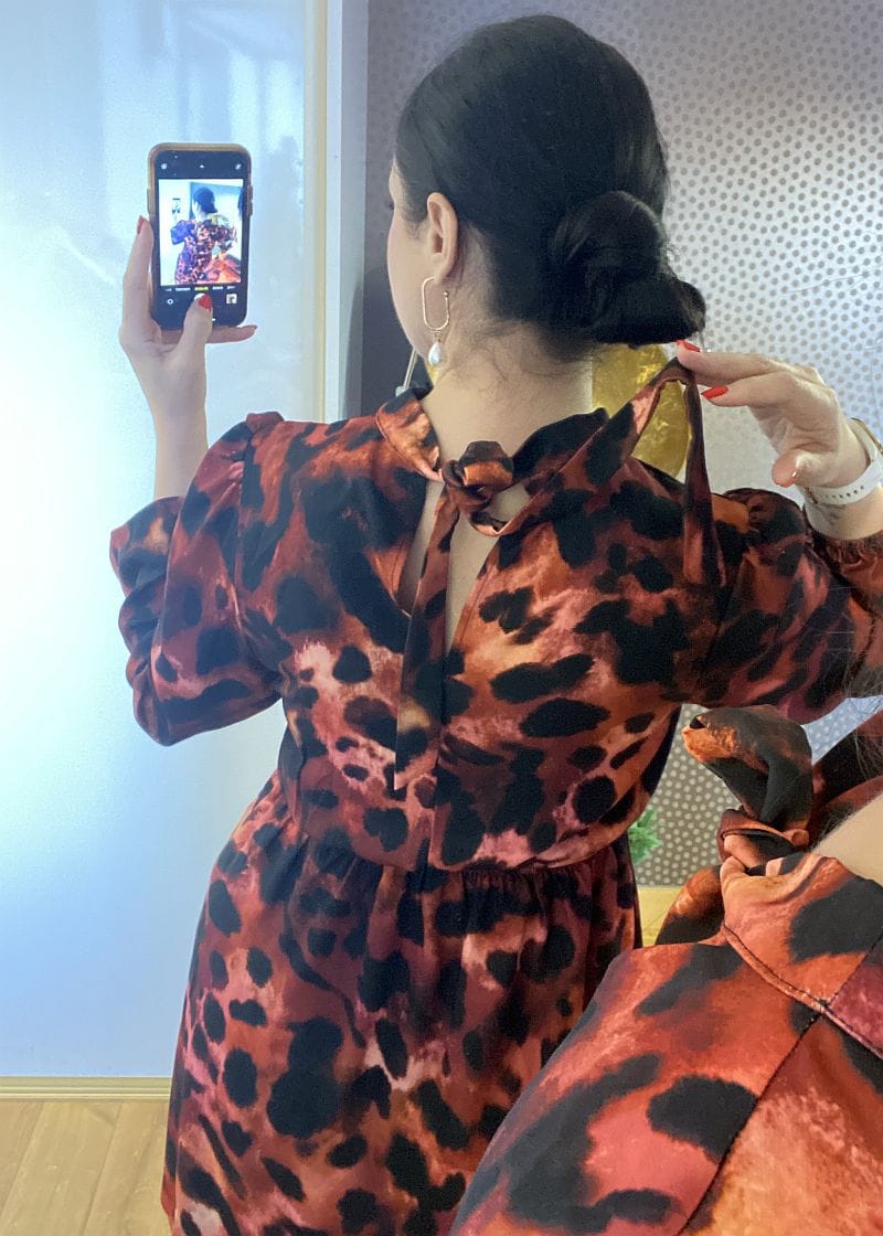 Sukienka pantera pomarańczowo bordowa wiązana na szyi - Szafa Gosi - internetowy outlet z odzieżą damską